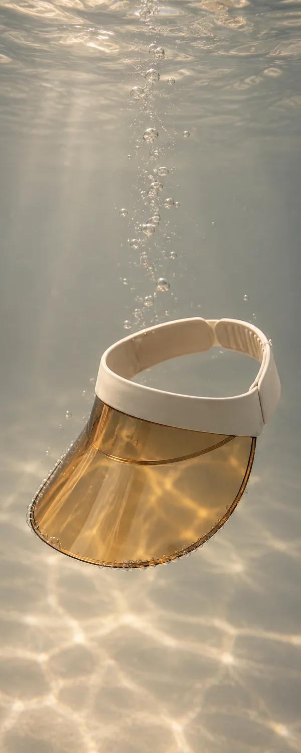 A transparent amber sun visor with an ivory headband floats underwater against a warm pale-grey background, with caustic light patterns and bubbles rising…