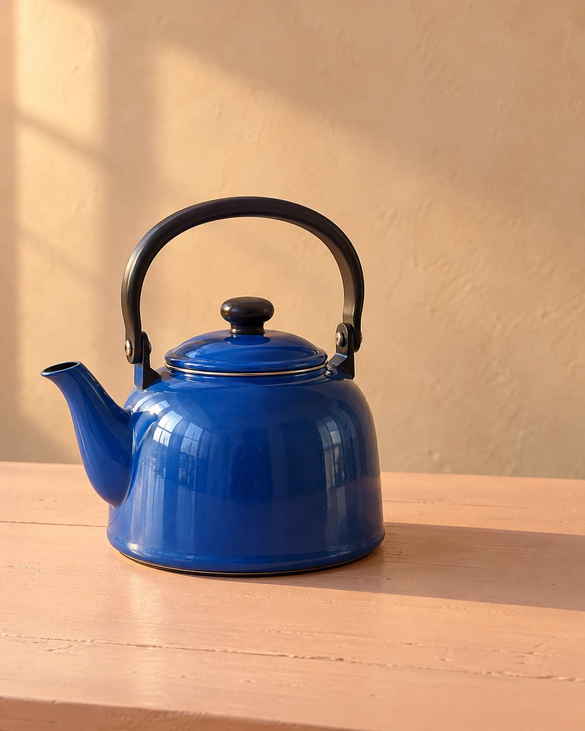 A glossy cobalt-blue enamel kettle with a black arched handle and left-pointing spout sits on a pale peach wooden table against a warm textured plaster wall.
