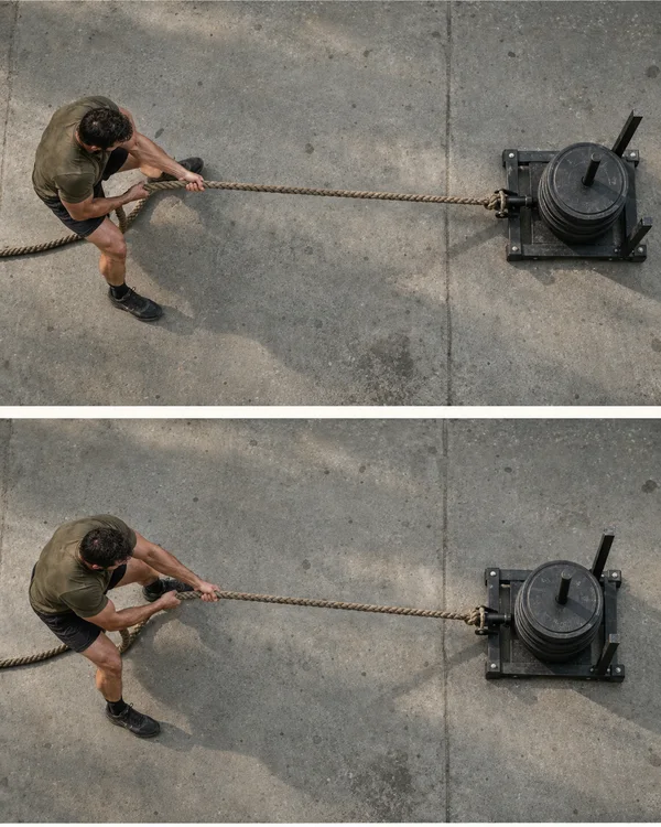 Two overhead views show an adult athlete in olive clothing pulling a black weighted sled across worn gray paving with a thick braided rope; the lower view…