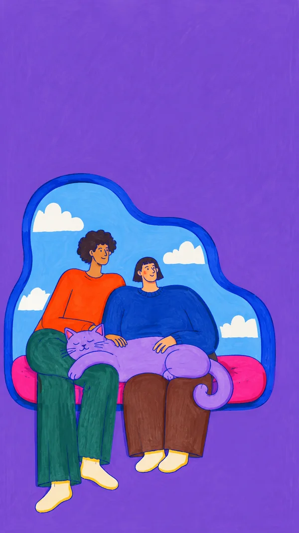 Two people sit close together in a cobalt-outlined, cloud-shaped alcove with a large lavender cat stretched across their laps.