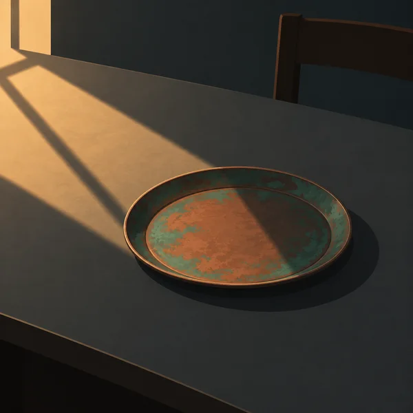 A shallow oxidized-copper plate with mottled green patina sits on a charcoal dining table, partly lit by warm diagonal window light; a dark chair back is…