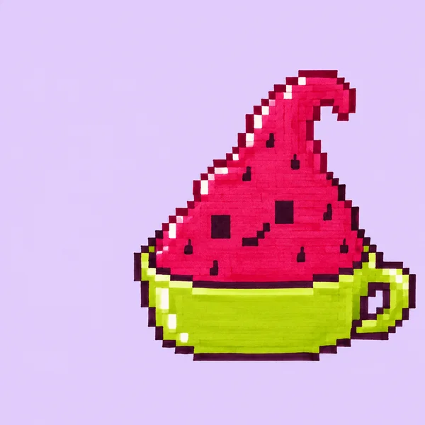 A pixel-style raspberry purée character with a tall curled fuchsia mound sits in a wide lime-green cup with a handle, against a pale lilac background.