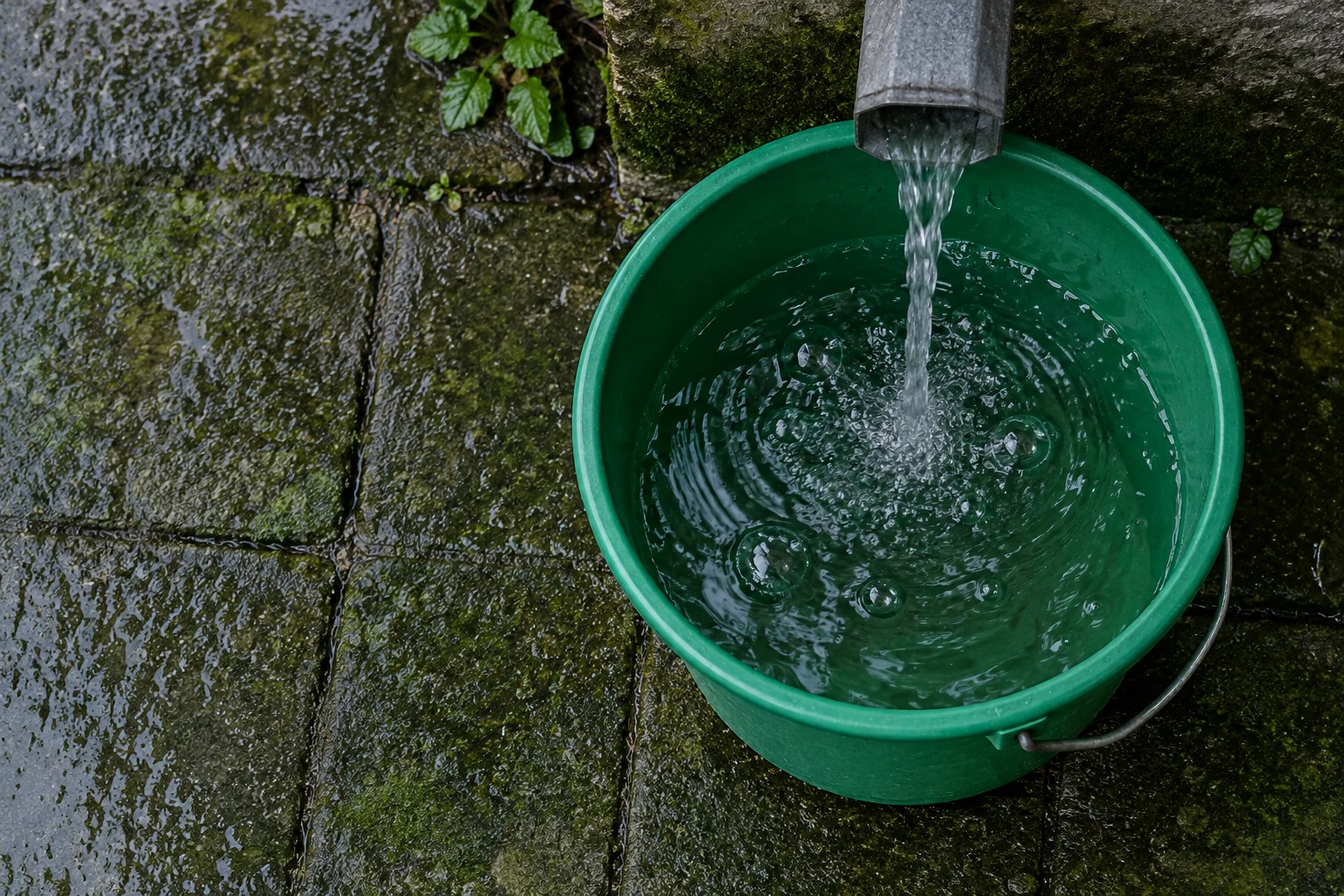 A gray downspout pours water into an emerald-green plastic bucket on wet, mossy paving, creating bubbles and ripples; the bucket’s metal handle rests against…