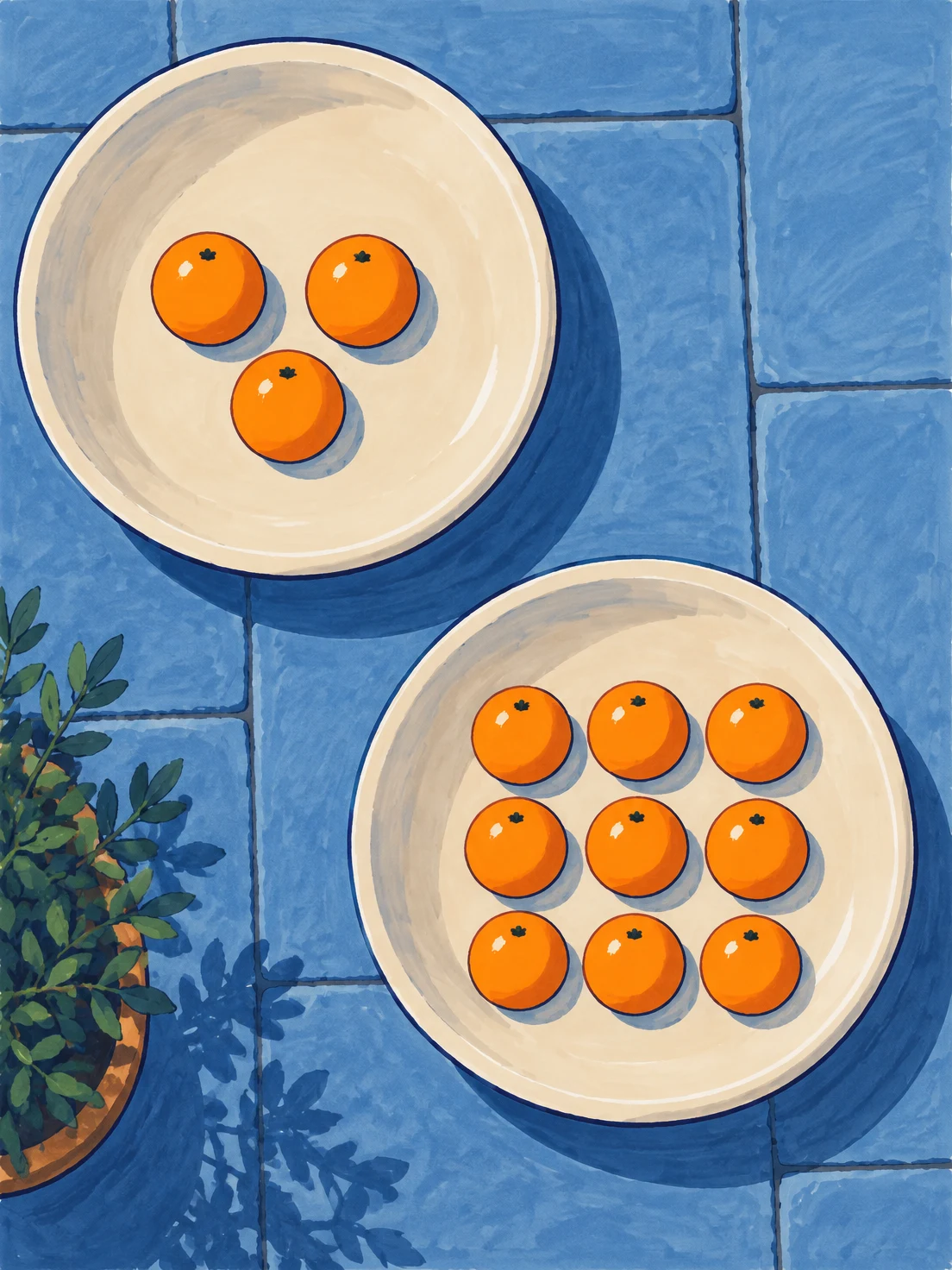 Overhead view of two large cream bowls on blue courtyard paving, with three oranges in the upper-left bowl and nine in the lower-right; a leafy potted plant is…