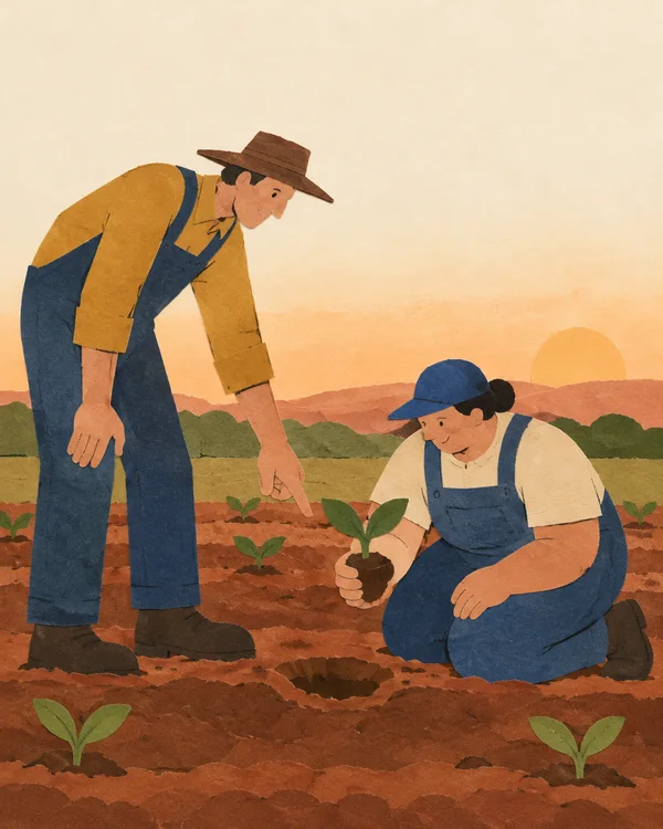 A lanky farmer in ochre and indigo workwear bends to point at a planting hollow while a broad, kneeling apprentice holds a two-leaf seedling by its soil plug…