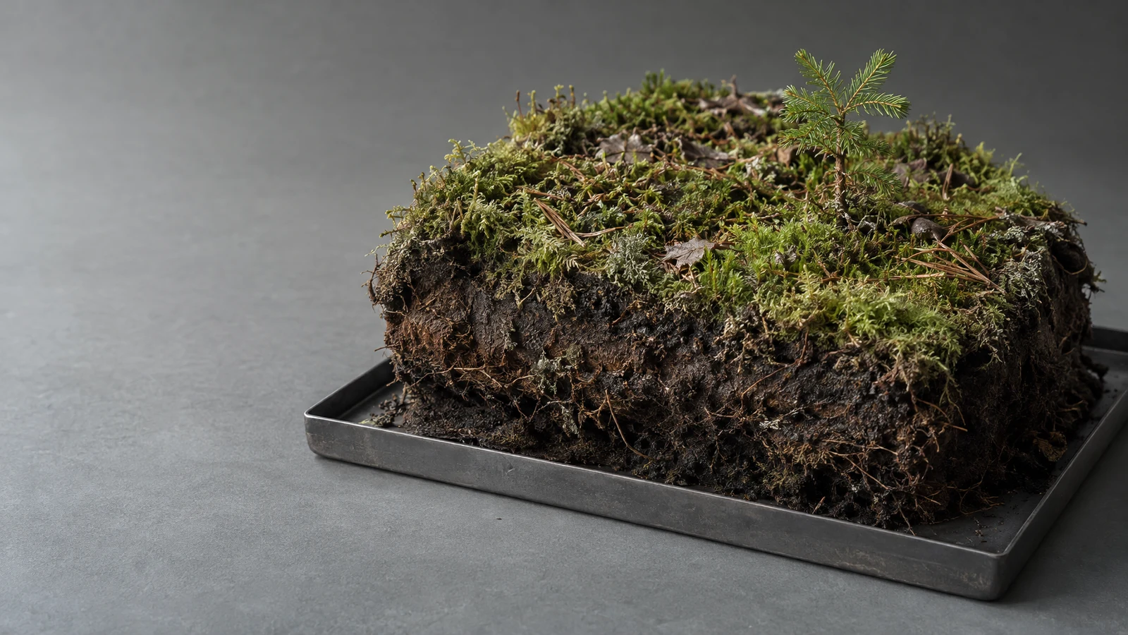 A moss-covered rectangular soil and peat fragment rests in a shallow dark metal tray on a grey worktop, with scattered conifer needles and a small spruce…