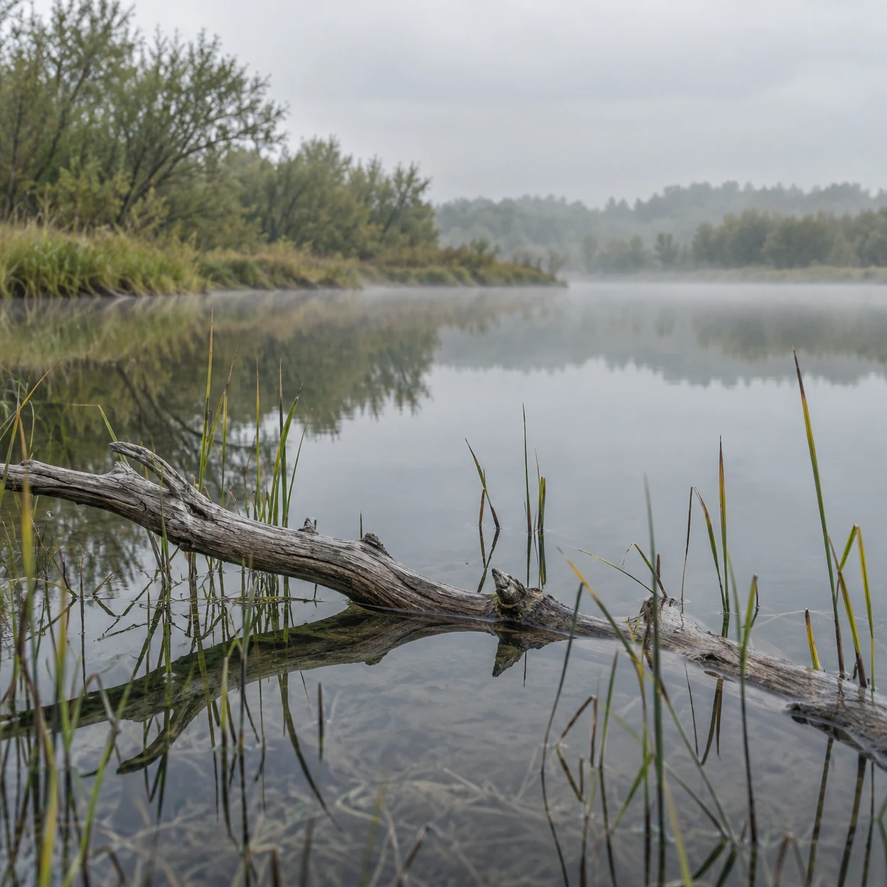 A weathered grey branch lies partly submerged among reeds in the foreground of a still, misty lake, reflecting a wooded bank beneath an overcast sky.