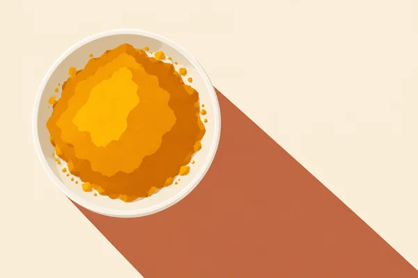 Overhead geometric illustration of an ivory bowl filled with layered golden and ochre turmeric powder, with small angular flecks around the rim and a long…