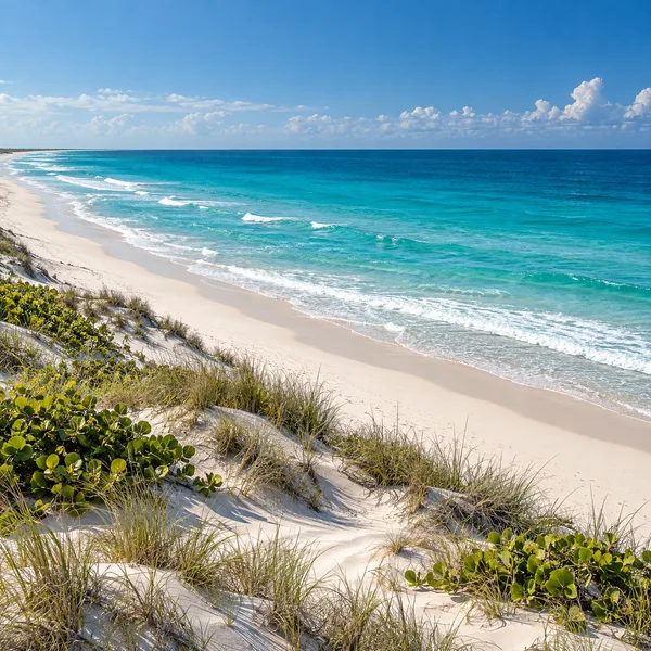 A bright, empty tropical shoreline curves into the distance, with turquoise water and small breaking waves beside white sand.