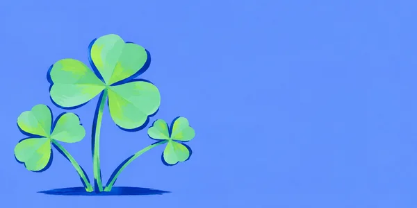 A hand-painted green wood-sorrel-like plant with three clusters of heart-shaped leaflets rises from a dark blue ground stroke against a blue background, with…
