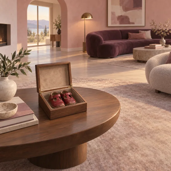 An open walnut box with brass hinges and a suede-lined lid holds a pair of small red leather shoes on a low oval coffee table in a rose-toned living room with…