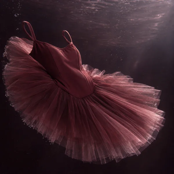 A burgundy ballet costume floats underwater, with its fitted bodice and thin shoulder straps above a broad fan of translucent tulle.