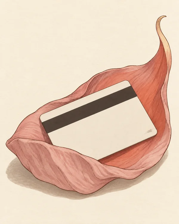 A large dusty-pink petal curls around a wide, blank ivory hotel key card with a dark magnetic stripe and a small scuff, set on warm cream paper.