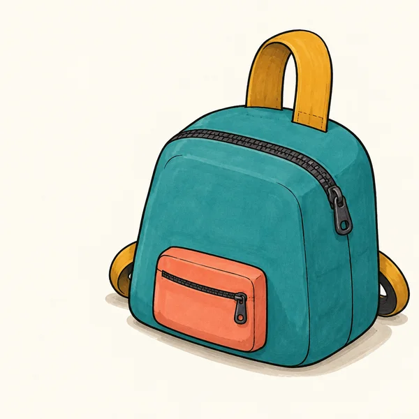 A large teal backpack with a tall ochre loop handle and coral front pocket sits on an ivory background, viewed from above at a three-quarter angle.