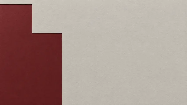 A deep oxblood stepped geometric form enters from the left edge of warm-grey textured paper, with a narrow dark recessed edge and soft shadow; the right side…