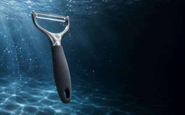 A stainless-steel Y-shaped vegetable peeler with a dark textured handle hangs upright in blue water, with bubbles nearby and rippled light patterns across the…