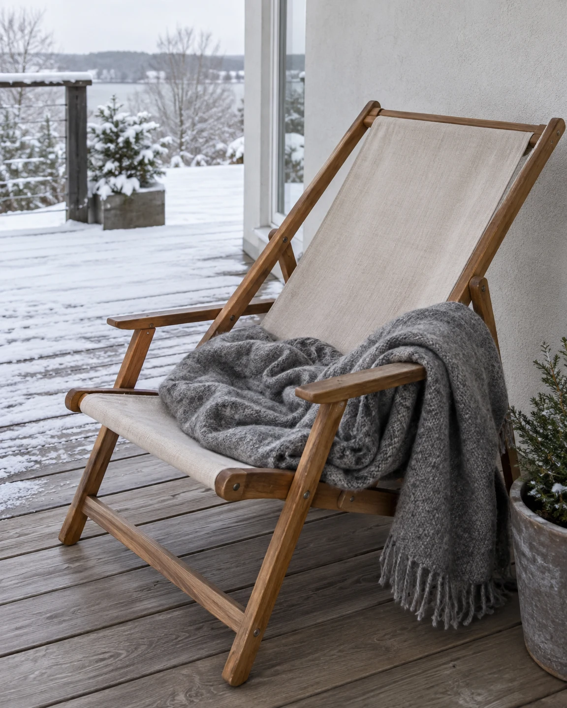 A timber deck chair with oatmeal-colored canvas sits on a snowy wooden terrace beside a light-colored house wall.