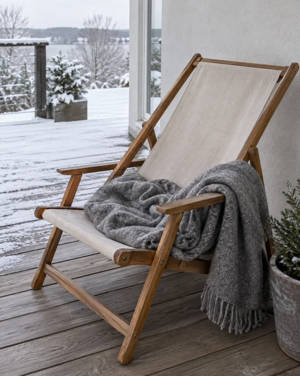 A timber deck chair with oatmeal-colored canvas sits on a snowy wooden terrace beside a light-colored house wall.