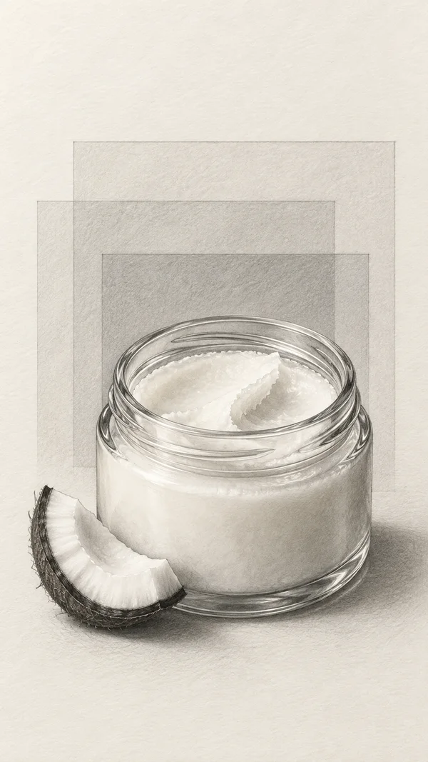 A hand-drawn graphite illustration of an open, wide-mouth glass jar filled with ivory semisolid material, with a scooped curl on the surface and a coconut…