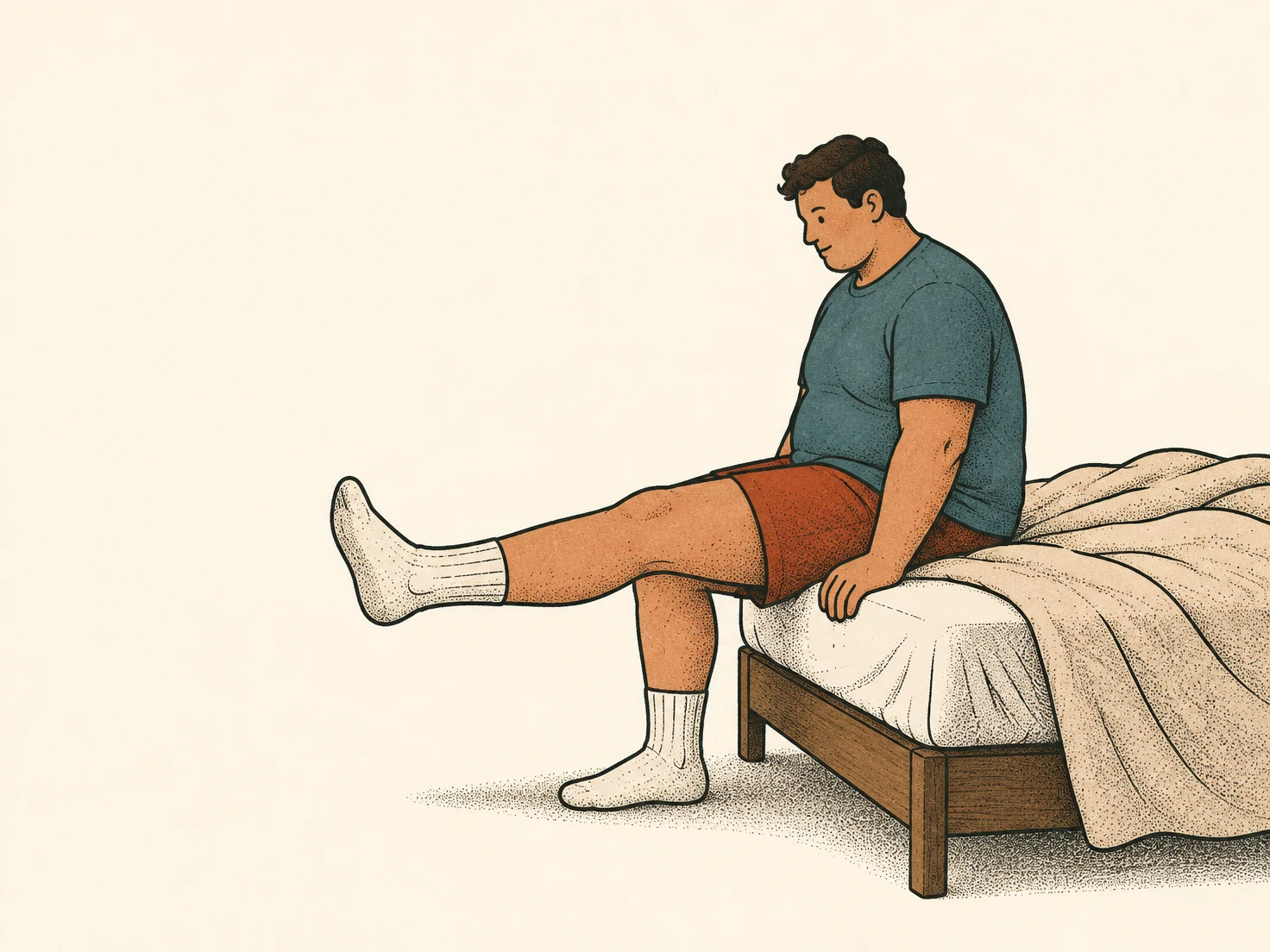 A short-haired adult in a teal shirt, rust shorts, and white socks sits on the edge of a low bed, extending one leg straight out while the other foot rests on…