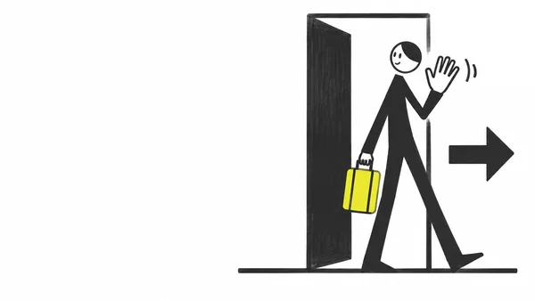 A black geometric figure steps through a tall doorway, looking back and waving while carrying a bright yellow suitcase; a bold arrow points right above a floor…