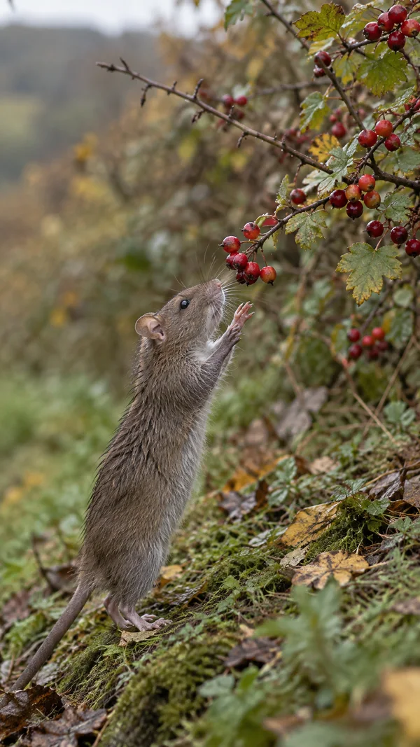 A brown rat stands upright on a damp, leafy bank, reaching toward red berries on a thorny branch.