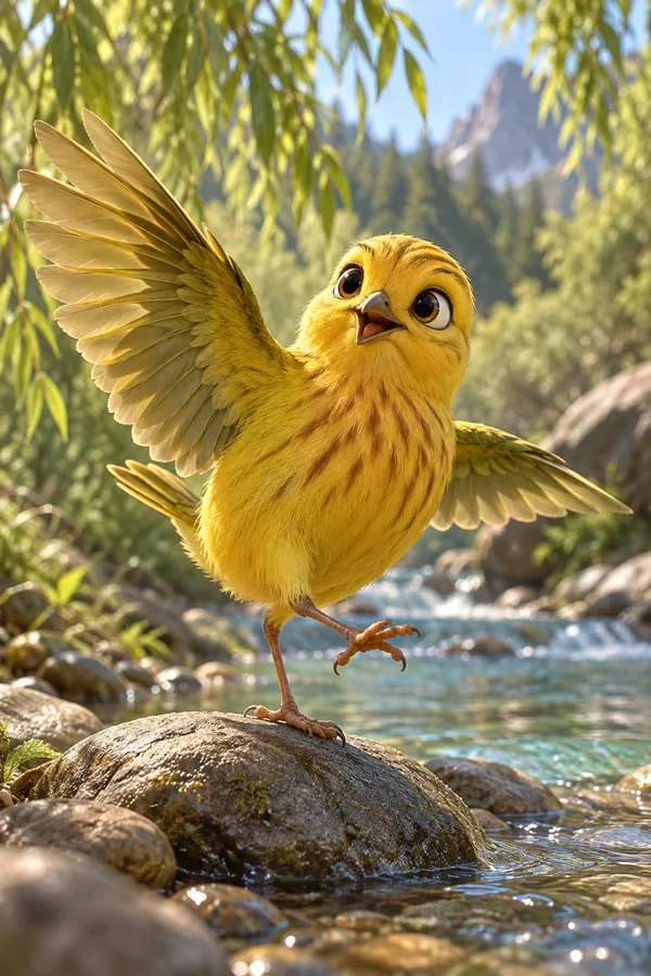 A fluffy golden-yellow bird balances on one foot atop a creekside rock, with its wings spread and the other foot lifted forward.