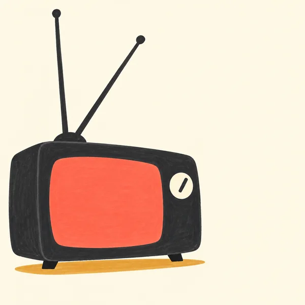 A hand-drawn charcoal vintage television sits left of centre on a warm cream background, with a blank coral screen, a cream circular knob, two tall aerials…