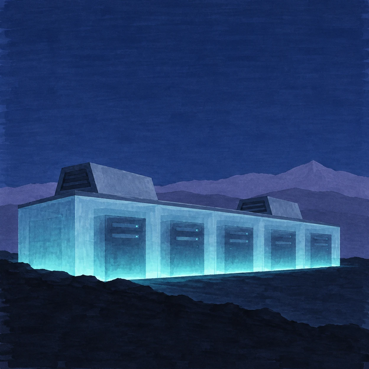 A long, low translucent cyan data centre with five dark server cabinets and two rooftop cooling housings glows above dark foreground terrain, with layered…