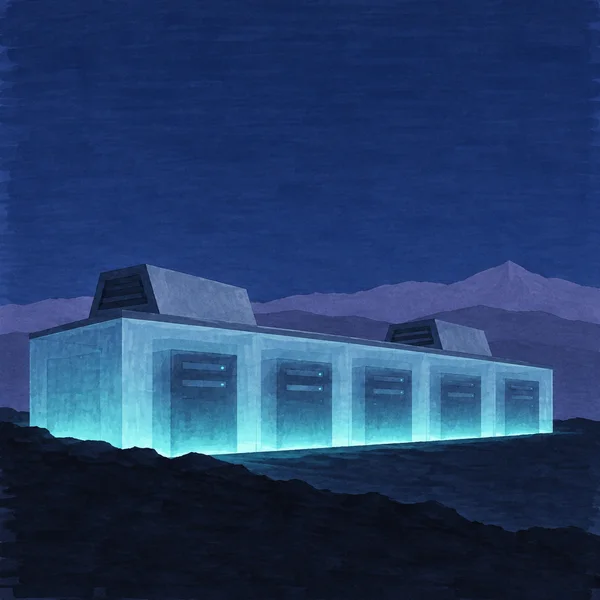 A long, low translucent cyan data centre with five dark server cabinets and two rooftop cooling housings glows above dark foreground terrain, with layered…