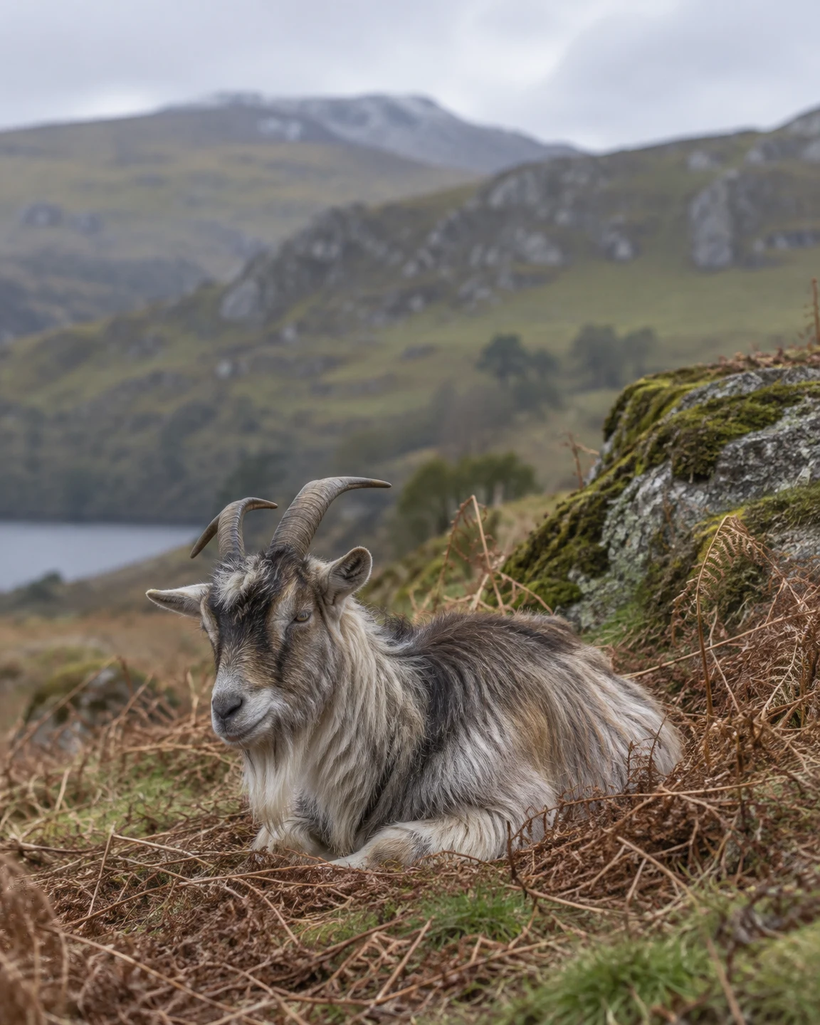 A shaggy grey, brown and cream goat rests among rust-coloured bracken beside a moss-covered boulder, with a softly blurred hillside, pale sky and water in the…
