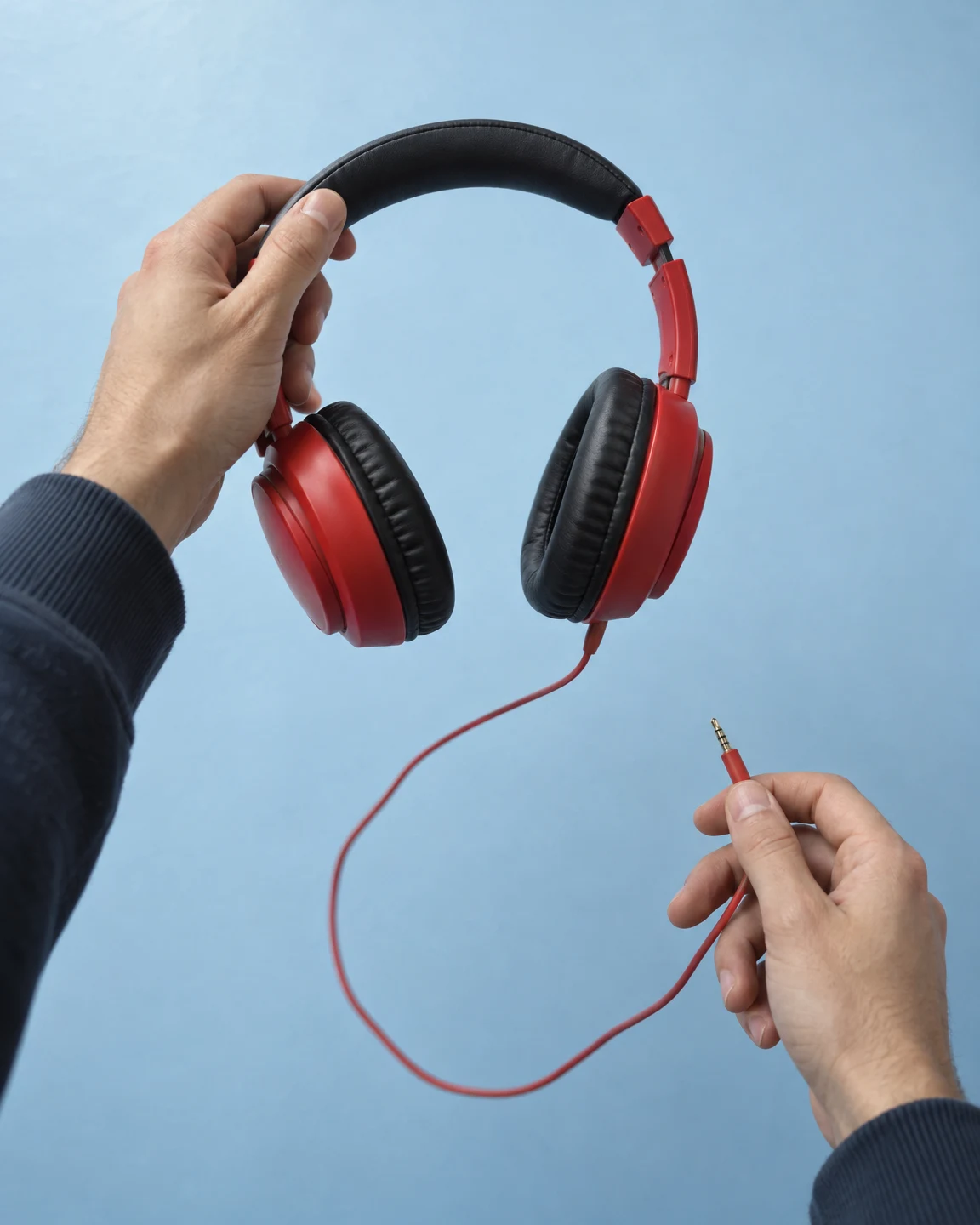 A pair of red over-ear headphones with black cushions is held above a pale blue background; one hand grips the headband while the other holds the plug, with…