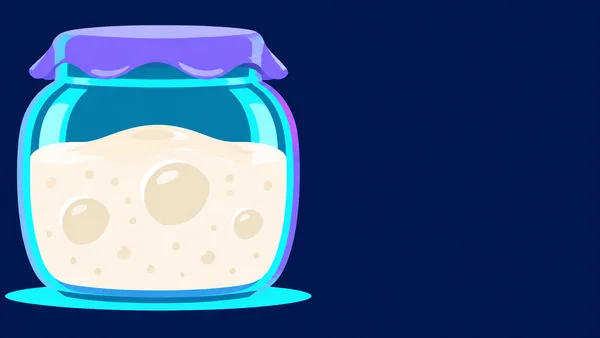 A large rounded glass jar filled with pale cream starter and air pockets sits on the left against a dark navy background, with a violet cloth cover and a…