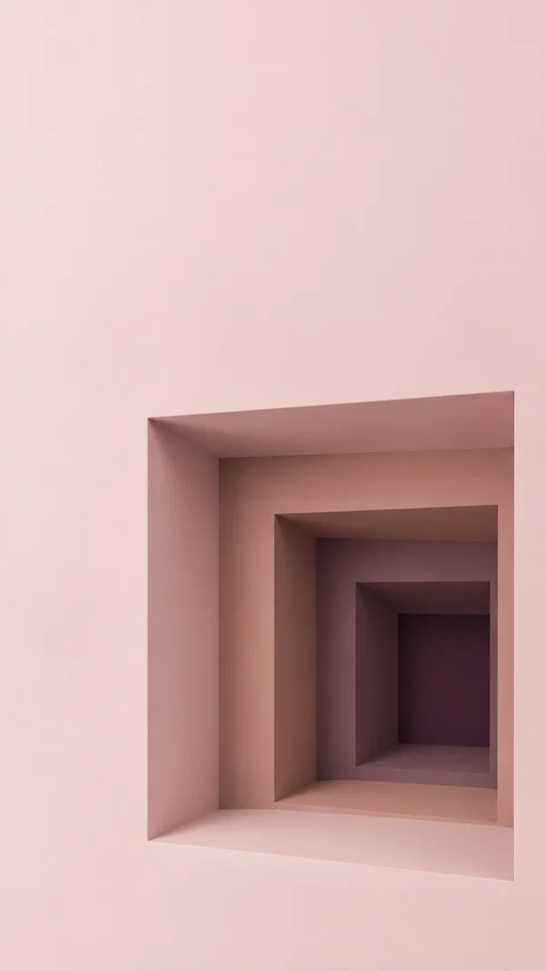 A set of nested rectangular openings recedes toward a dark center in the lower-right of a pale blush field, with rose, clay, and muted plum surfaces.