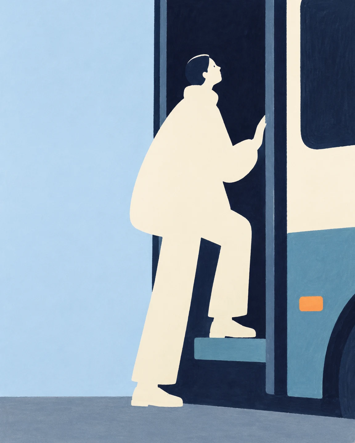 A pale ivory figure in a large coat steps into a dark bus doorway, one foot on the turquoise step and the other on the pavement, with a pale blue field to the…