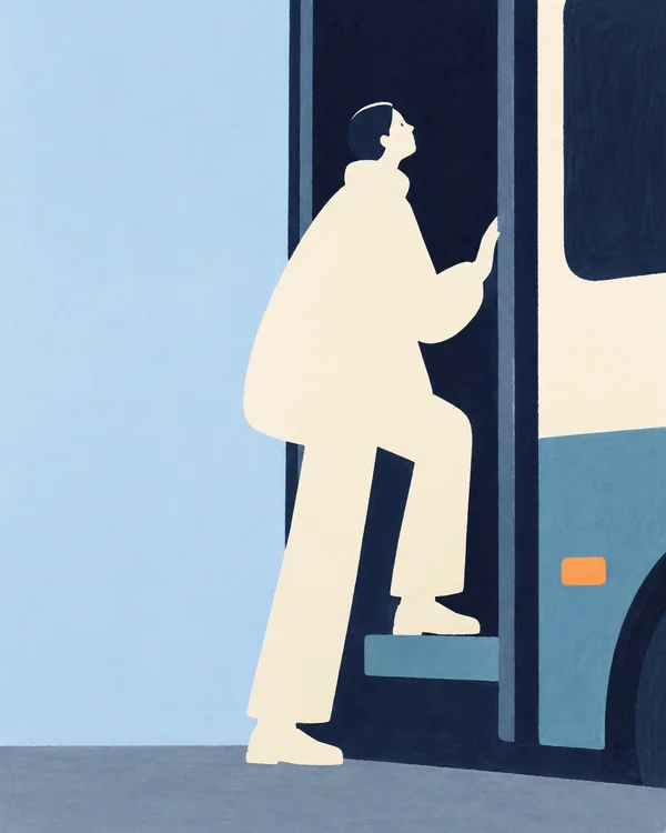 A pale ivory figure in a large coat steps into a dark bus doorway, one foot on the turquoise step and the other on the pavement, with a pale blue field to the…