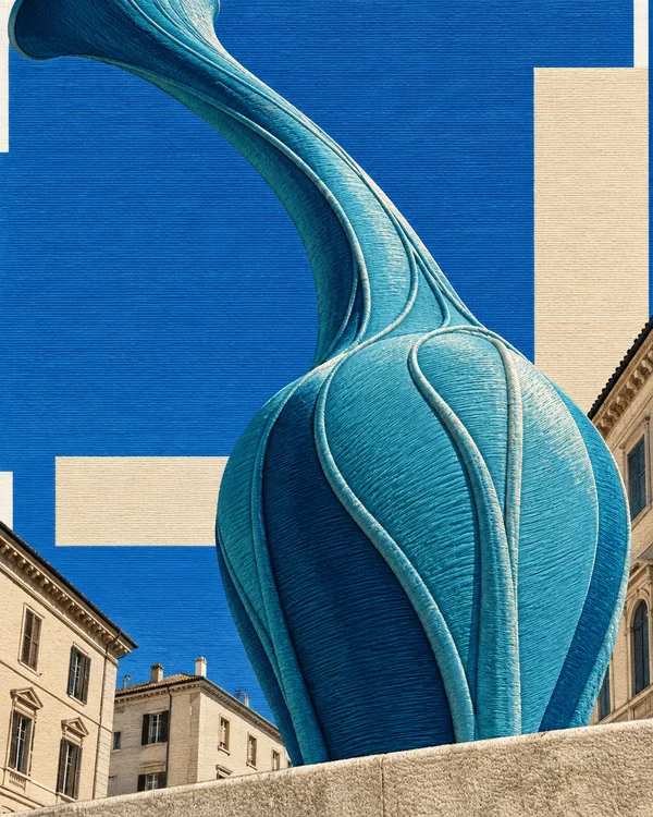 An oversized cyan vase with flowing raised ribs rises behind a pale stone ledge, framed by low-rise façades and a saturated blue sky.