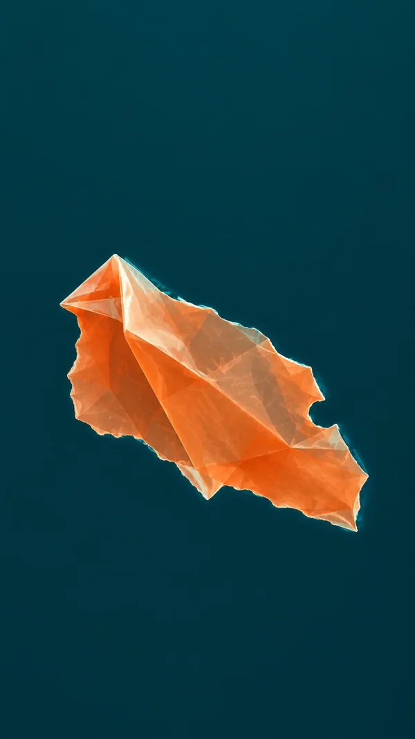 A large translucent coral-orange, sharply faceted sheet-like fragment floats diagonally against a deep teal background, with pale highlights and a narrow cyan…