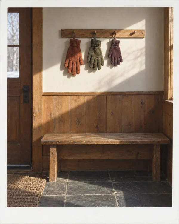 A rust, moss-green and plum knitted glove hang from wooden pegs above a worn timber bench in a sunlit entry nook with slate floor tiles, a windowed door and a…