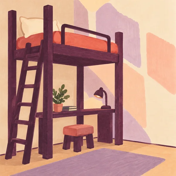 A hand-drawn marker-style illustration of a plum-colored loft bed with a coral mattress, oversized pale pillow and safety rail.