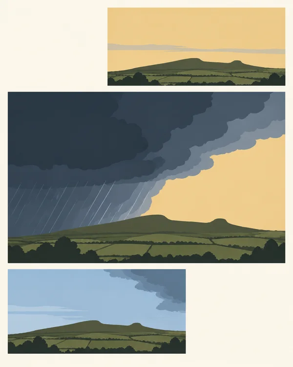 An asymmetrical three-panel landscape illustration shows the same olive ridge beneath changing weather: ochre skies and a haze band above, a broad dark cloud…