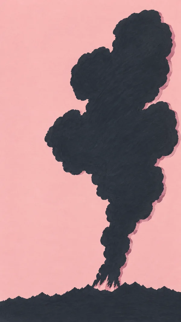 A large charcoal-gray smoke plume with an oversized, irregular crown rises from pale flames along a dark jagged ridge, against a textured rose-pink background.