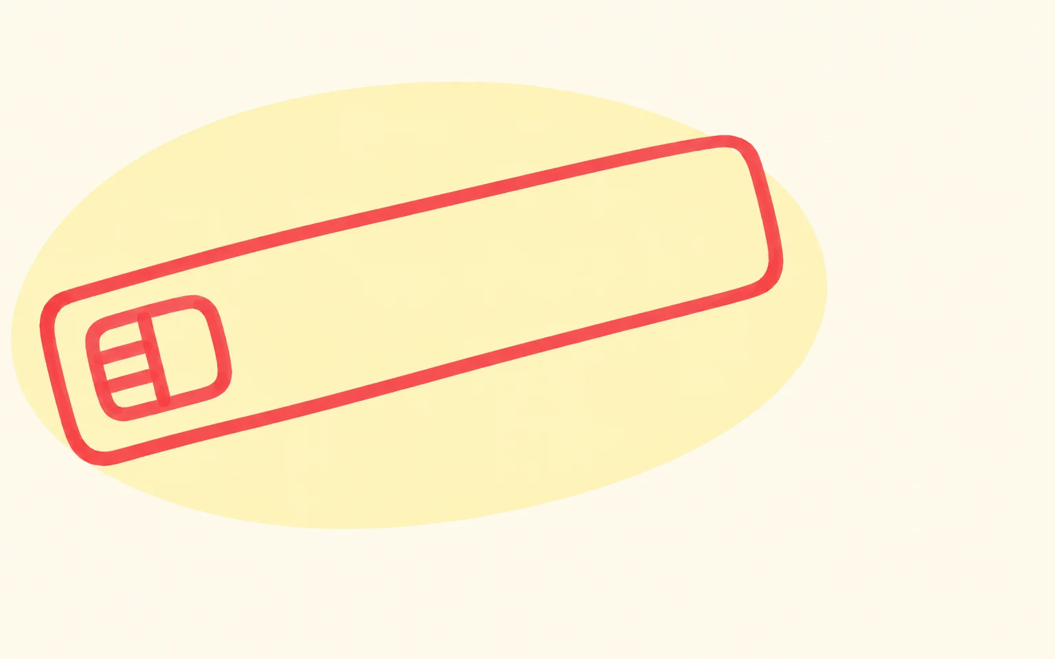 A long, rounded coral-red outline of a bank card tilts upward across a pale yellow oval on an ivory background.