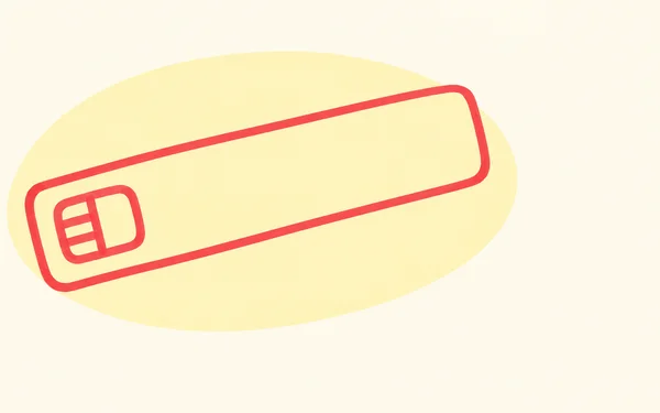 A long, rounded coral-red outline of a bank card tilts upward across a pale yellow oval on an ivory background.