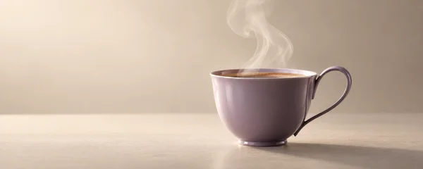 A glossy dusty-violet cup of coffee sits on a pale taupe surface against a warm ivory background, with a large plume of steam rising above it and open space to…