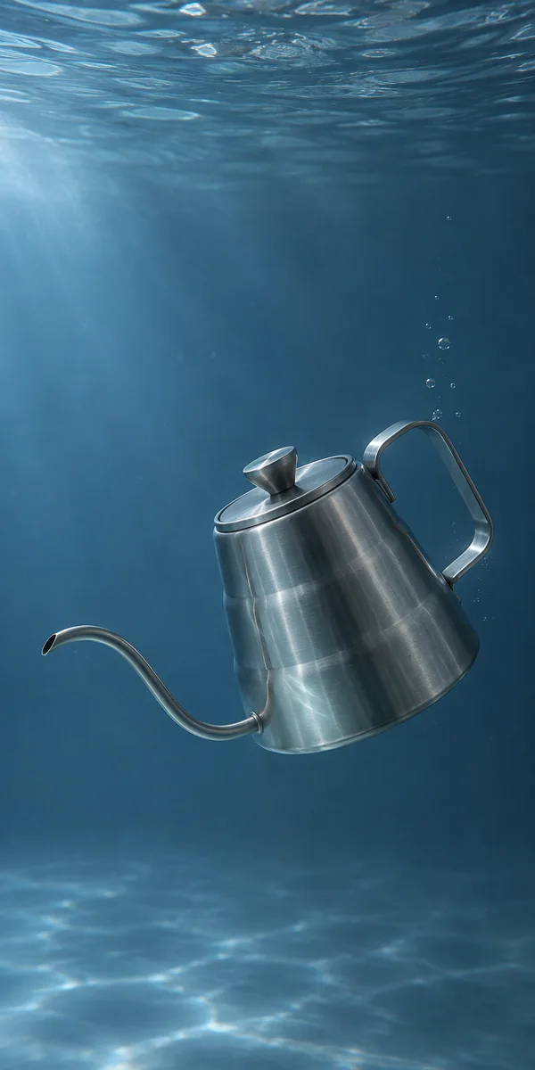 A brushed stainless-steel gooseneck kettle floats at an angle underwater against a blue background, with its spout pointing down-left and small bubbles rising…