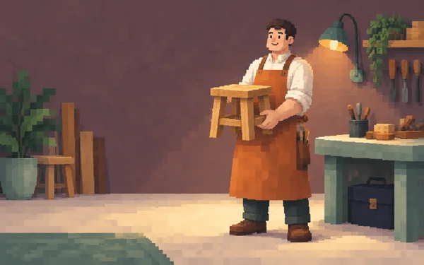 A short-haired adult in a rust-orange apron holds a small wooden stool in a warmly lit workshop.