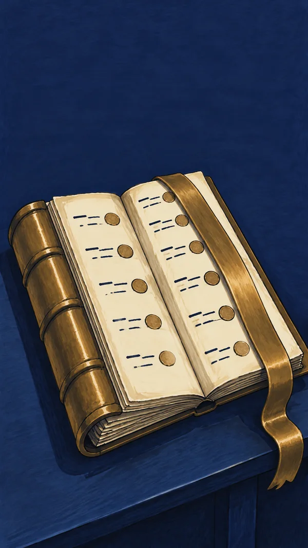 An open, thick bronze-and-cream register lies diagonally on a midnight-blue tabletop, with rows of short ink dashes and round bronze marks on its pages.