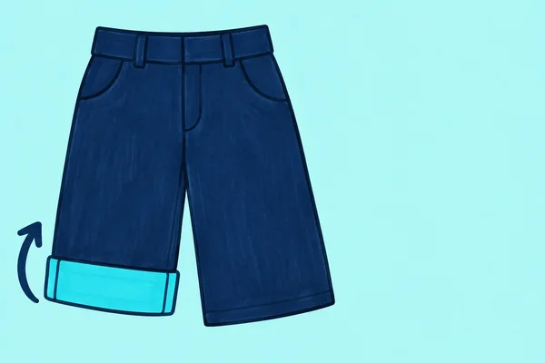 A front-view pair of wide navy trousers on a pale aqua background, with an oversized bright aqua cuff on the left leg and a curved arrow pointing upward beside…