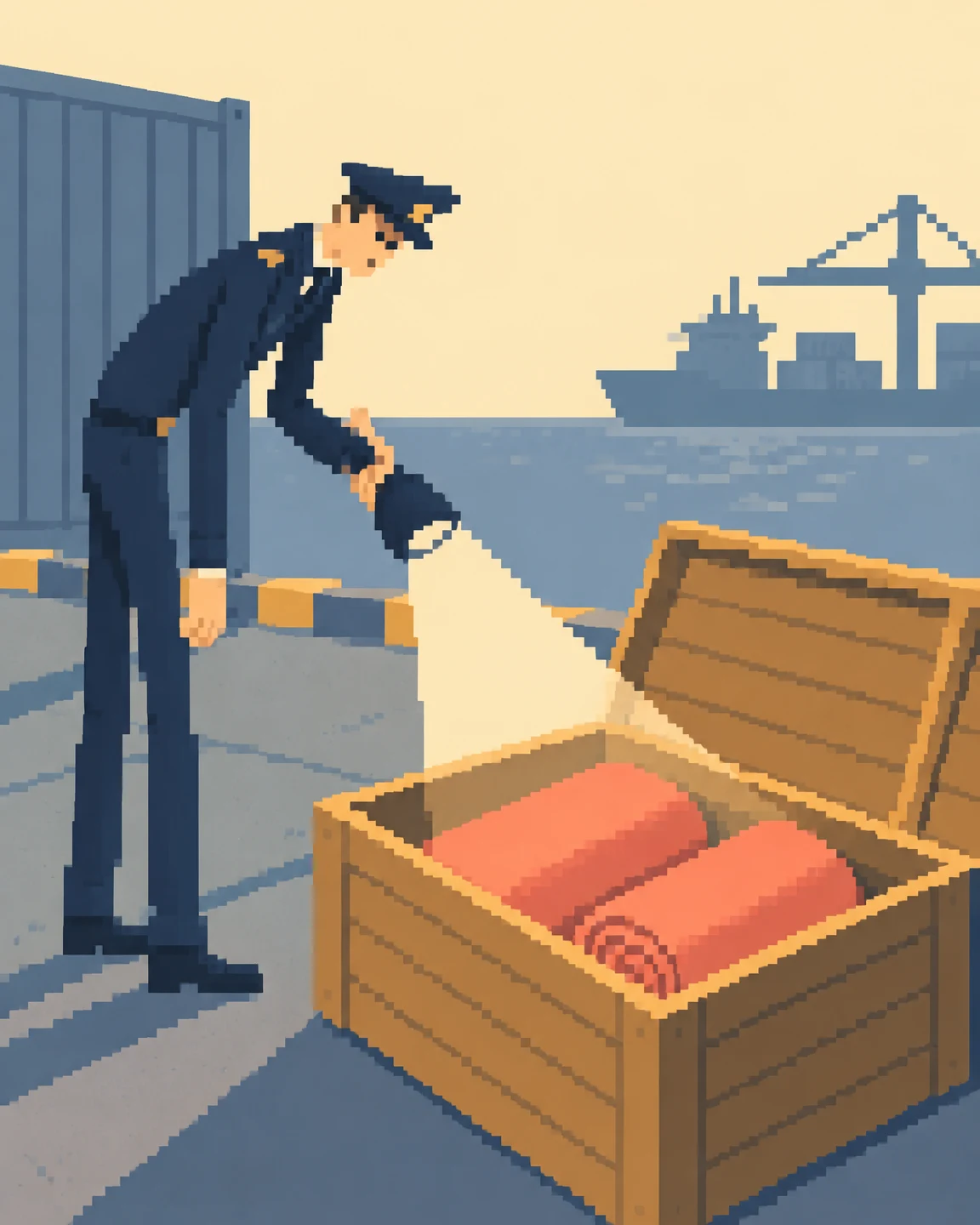 A lanky customs officer in a navy uniform bends beside an open wooden crate containing two coral fabric rolls, shining a flashlight into it at a port with a…